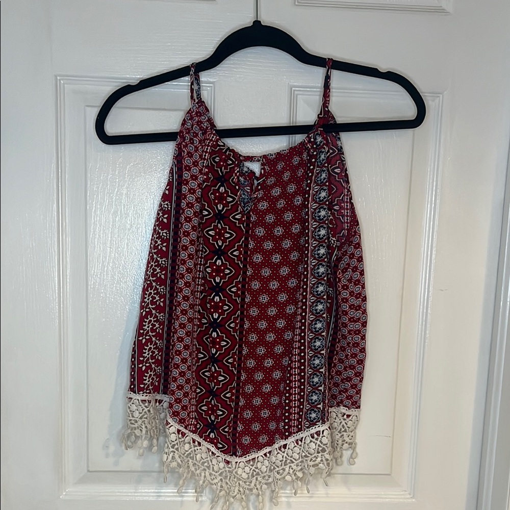 No Boundaries Red Patterned Camisole with Fringe